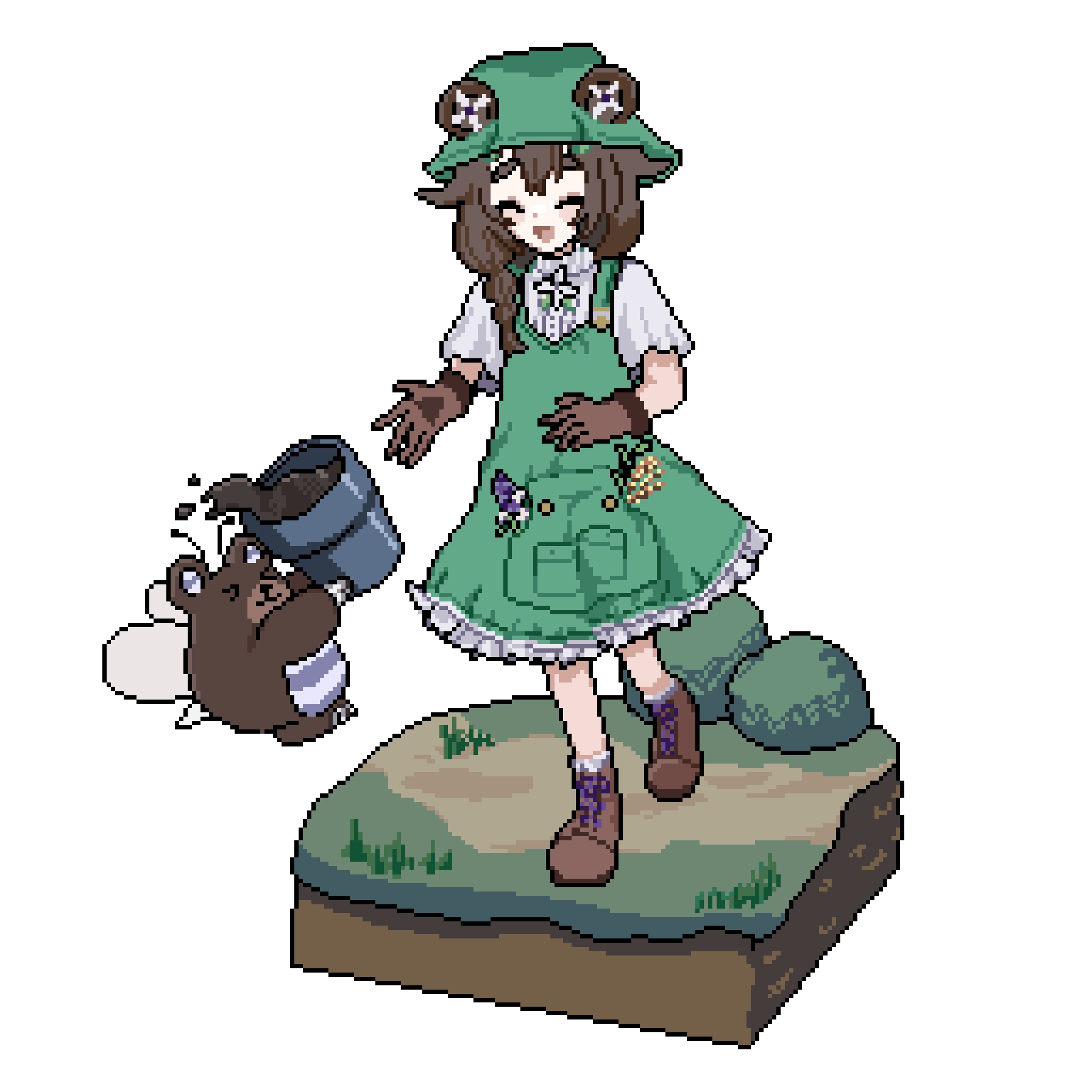 A gif of Maggie walking with her mascot, teddybee.
